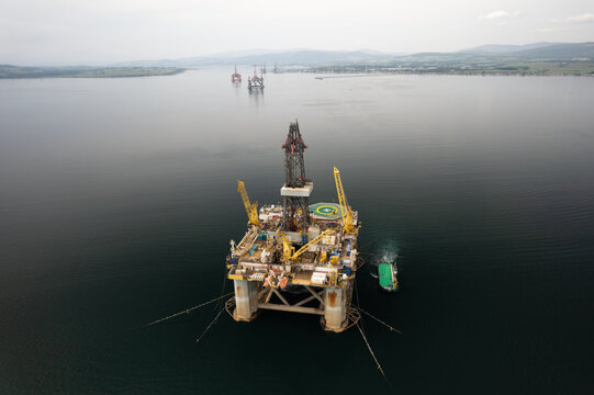 British North sea oil rig graveyard in Cromarty, Scotland, aerial view