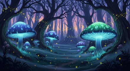 Enchanting bioluminescent mushrooms illuminate a mystical forest path, glowing with magical light.