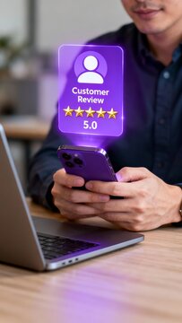 A person holding a smartphone with a glowing holographic customer review icon showing a five-star 5.0 rating