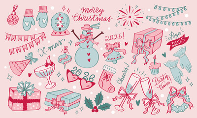 Christmas hand drawn vintage set in coquette core style. Xmas cute graphic elements with ribbons and bows, calligraphic slogans. Snowman, gifts, champagne glasses, decorations, toys. Vector artwork