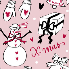 Pattern of snowman, gift box, xmas bell, mittens, decorations. Christmas cute graphic elements with ribbons and bows, calligraphic slogans in coquette core style. Perfect for textile, wrapping paper.