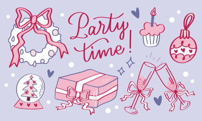 Christmas hand drawn sticker pack in coquette core style. Xmas cute graphic elements of wreath, gift, champagne glasses, decorations, toys with ribbons and bows. Calligraphic slogan. Vector artwork.