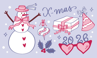 Christmas hand drawn vintage set in coquette core style. Xmas cute graphic elements with ribbons and bows, calligraphic slogans. Snowman, gift, glasses, mistletoe, decorations, toy. Vector artwork