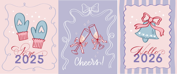 Retro vintage set in coquette core style. Ready print for Christmas and New Year poster, greeting card, placard. Hand drawn drawing for xmas time with elegance calligraphy scripts.