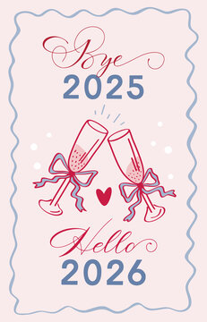 Retro vintage print in coquette core style. Ready print for Christmas poster, greeting card, placard. Hand drawn drawing for xmas time with elegance calligraphy slogan and champane glasses.