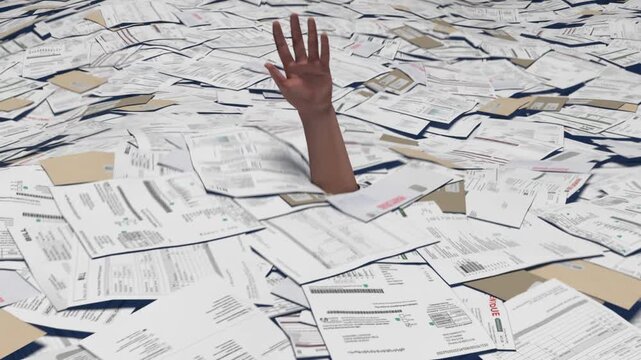 Slow camera pull-back on an animated hand reaching up from an ocean of bills and paperwork