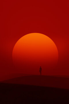 Solitary Figure Facing a Giant Red Sun in a Minimal Desert Scene