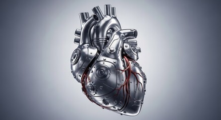A detailed metallic heart with intricate gears and red veins, symbolizing artificial life or cybernetic enhancement