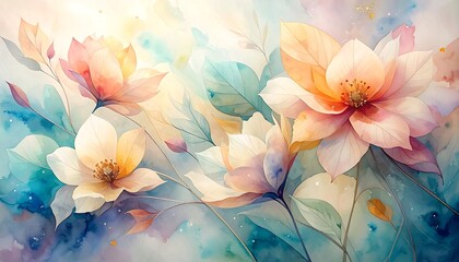 Soft watercolor floral arrangement with blossoms in light pastel hues
