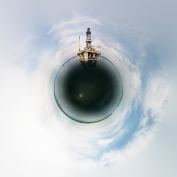 British North sea oil rig graveyard in Scotland, 360 tiny planet
