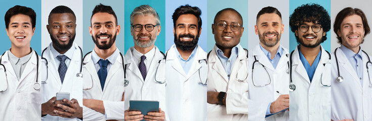 This collage features a diverse group of healthcare professionals, men and women of various...
