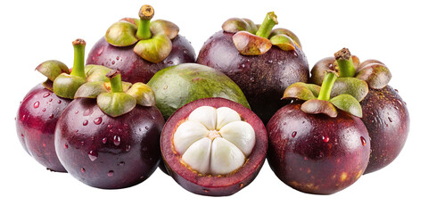 A vibrant cluster of ripe mangosteen fruits one cut in half revealing its white segments isolated on transparent background