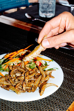 man eating pescaito frito, a typical dish from Andalusia, Spain