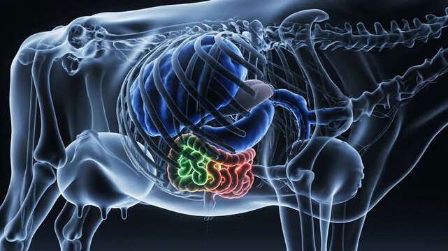 Veterinary science explores detailed cow anatomy, showcasing internal organs in a dynamic X-ray style animation for educational and research purposes