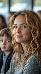 A smiling woman with curly hair sits beside a young boy.  Both look directly at the camera