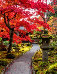 Vibrant autumn fall colors illuminate a tranquil Japanese garden path, creating a picturesque background with ample copy space for serene seasonal designs and cultural reflections