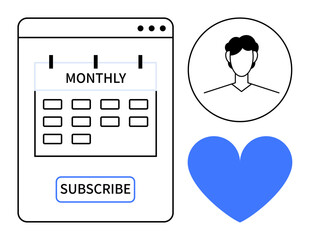Calendar with Monthly label, subscribe button, user profile icon, and blue heart. Ideal for subscriptions, planning, user engagement, support, relationships customer loyalty simple landing page