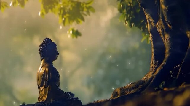 Statue of meditating Buddha under Bodhi tree in green and golden tones. Glowing particles floating around. Peaceful Buddhism scene, spiritual meditation video for Buddha Purnima.