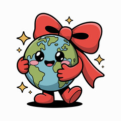 Obraz premium Cute cartoon earth character with a big red bow and sparkling stars