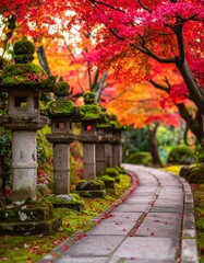 Fototapeta premium Winding Stone Path Through Vibrant Japanese Garden with Brilliant Fall Foliage Background and Ample Copy Space for Text