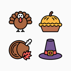 Thanksgiving icons featuring turkey pie hat and drumstick