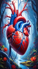 A heart suspended in a mystical forest