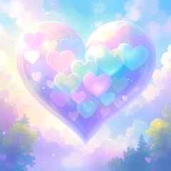 A heart-shaped bubble filled with colorful hearts floats in a pastel sky