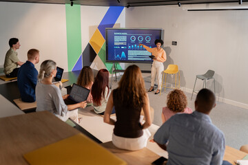 Businesswoman leading presentation with charts and graphs on TV