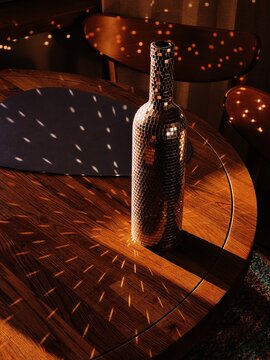 Sunlight creates patterns around a reflective bottle on a table
