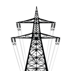 Modern electrical transmission tower vector, High voltage pylon and power line illustration, Industrial energy grid design, Utility tower silhouette and icon