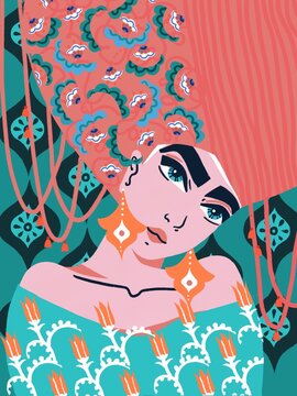 Oriental woman portrait illustration turban with patterns and prints
