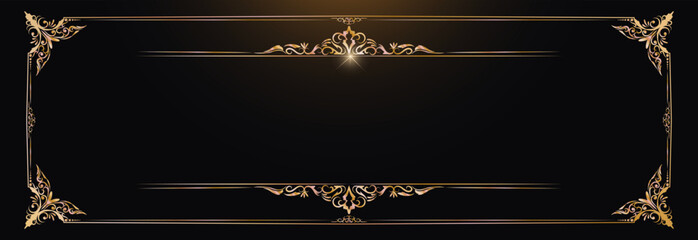 Elegant golden ornamental frame with floral vintage decorations on black background, ideal for invitations, certificates, menus, greeting cards, and premium design projects.