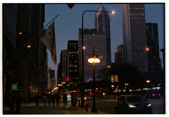 City Skyline at Dusk With Streetlights in Chicago
