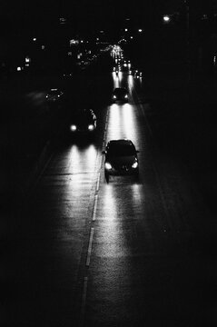 35mm film Bangkok street at night in Black and White

