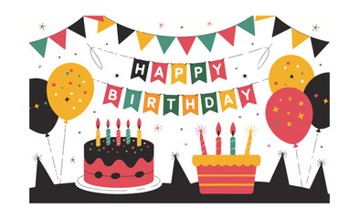 Happy birthday banner vector illustration, Cake, balloons, gifts, garland, festive decoration design
