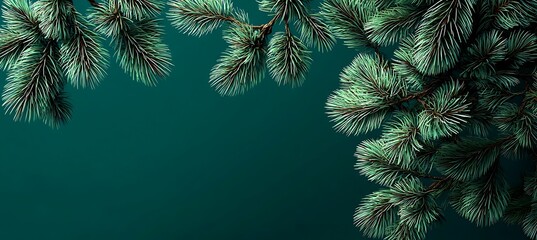 Overhead shot of fir branches on a dark green background, ideal for christmas or winter designs