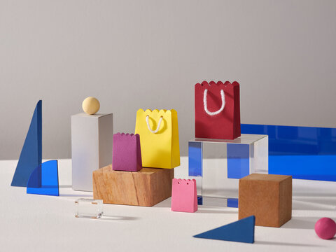 Colorful Gift Bags with Geometric Shapes in a Modern