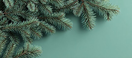 Overhead shot of blue spruce branches on a teal background, perfect for winter or holiday themes