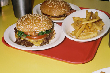 Classic Cheeseburgers and Fries on Diner Tray

