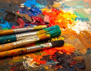 Artist's paint palette with brushes