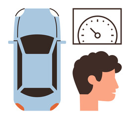 Blue car top view with an orange accent, speedometer showing measurement, human profile silhouette. Ideal for driving safety, speed control, road awareness, transportation, technology, monitoring