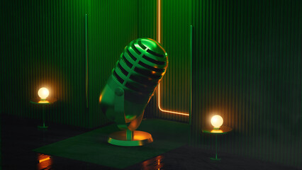 Luxurious podcast microphone setup on an elegant stage