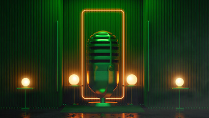 Luxurious podcast microphone setup on an elegant stage