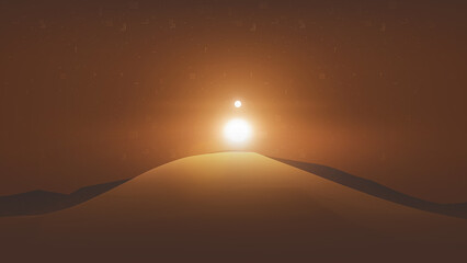 Lunar landscape with spheres and dunes under a glowing sun
