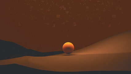 Lunar landscape with spheres and dunes under a glowing sun