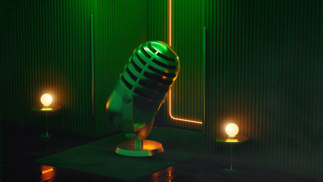 Luxurious podcast microphone setup on an elegant stage