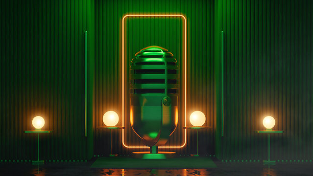 Luxurious podcast microphone setup on an elegant stage