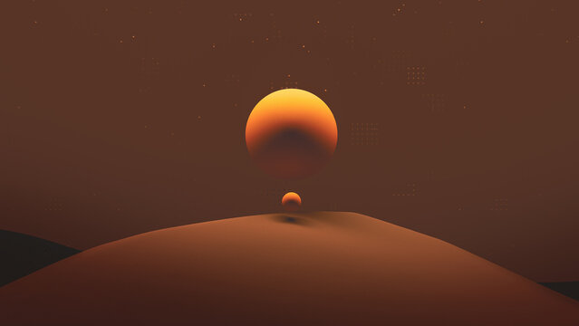 Lunar landscape with spheres and dunes under a glowing sun