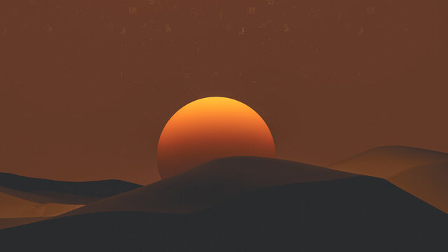 Lunar landscape with spheres and dunes under a glowing sun