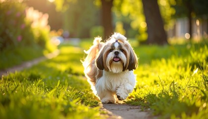 Small, fluffy dog with long hair strides confidently down a grassy, sunlit path